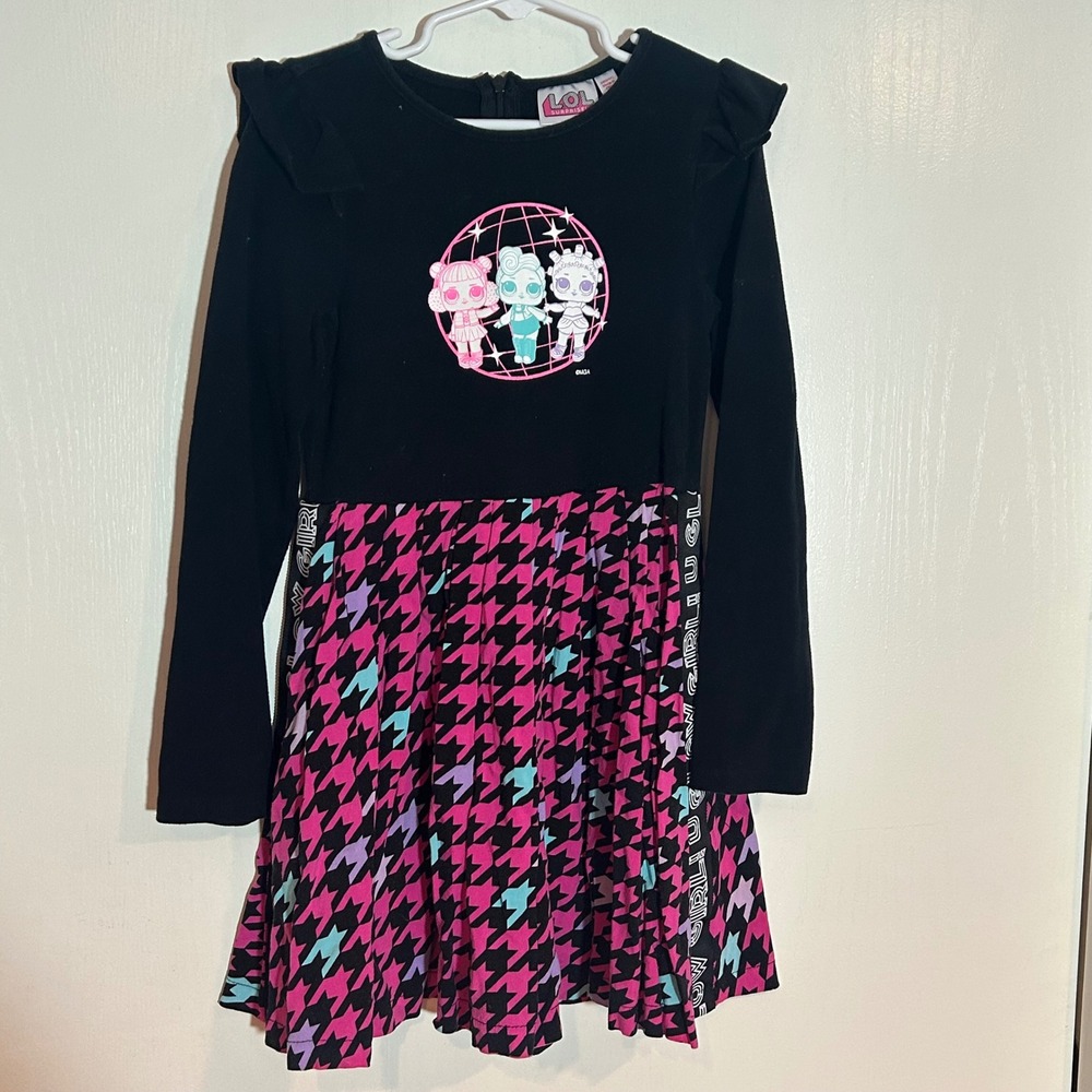 LOL Surprise Girls Black Pink Houndstooth Glow Girl Long Sleeve Dress Size 6/6X